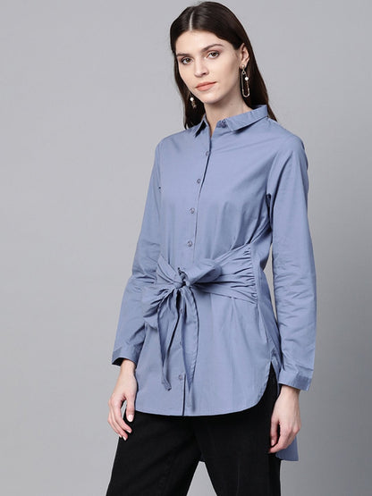 Women's Blue Front Tie Longline Shirt