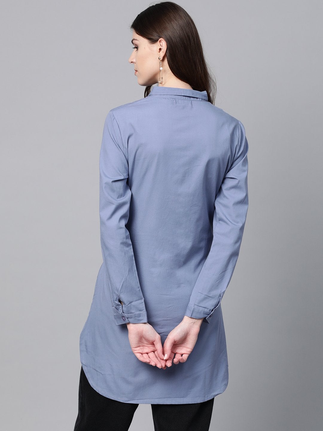 Women's Blue Front Tie Longline Shirt