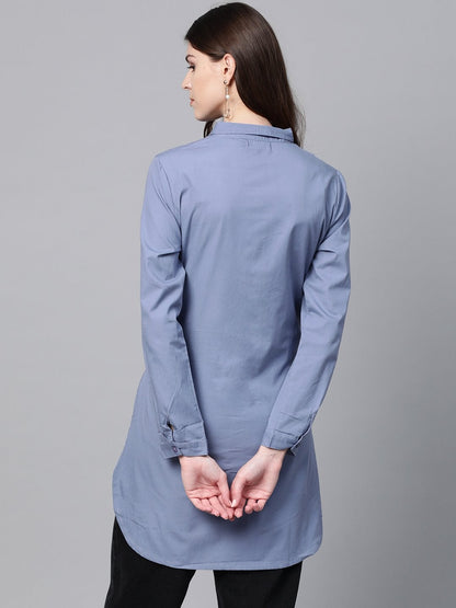 Women's Blue Front Tie Longline Shirt