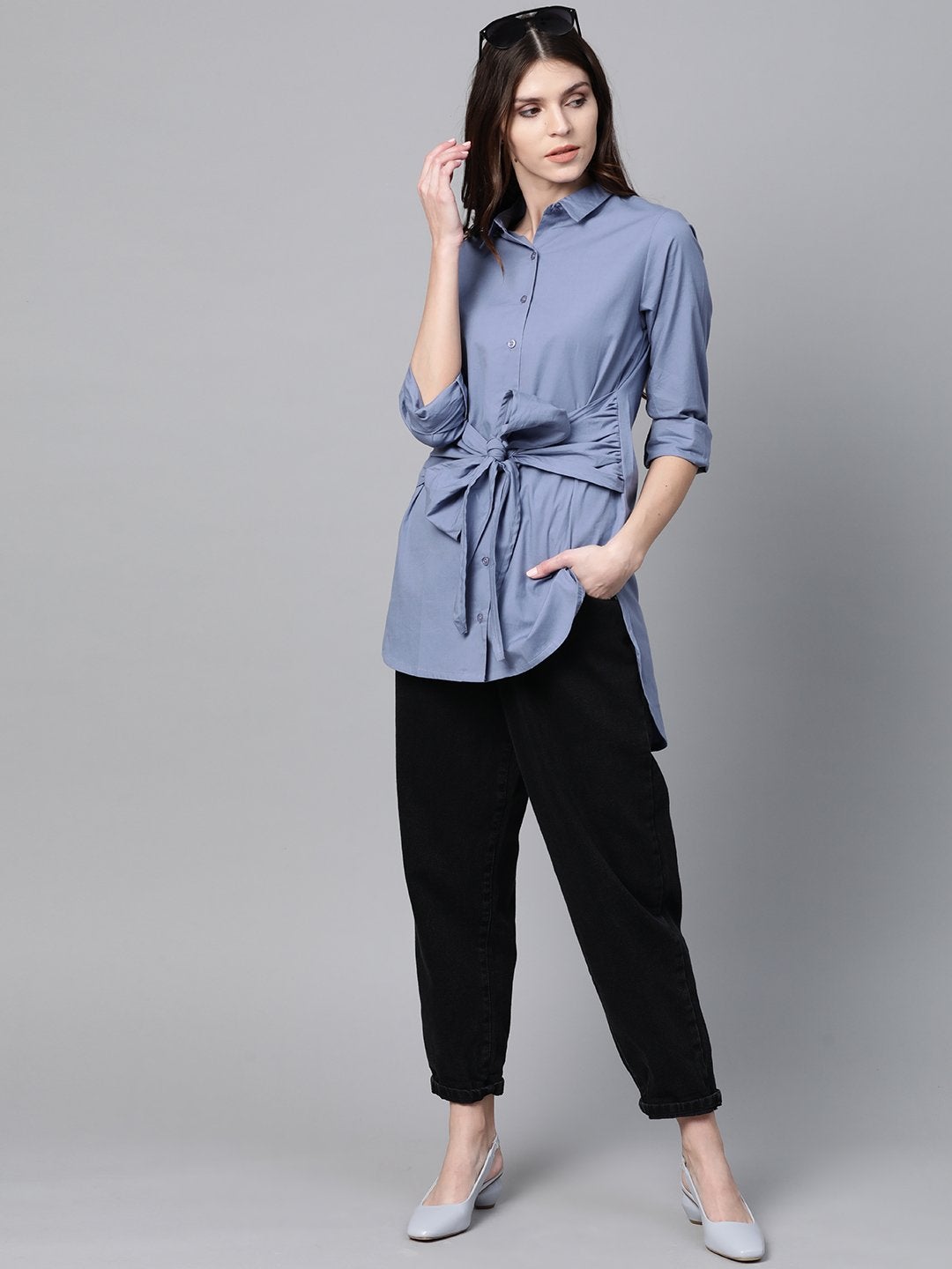 Women's Blue Front Tie Longline Shirt