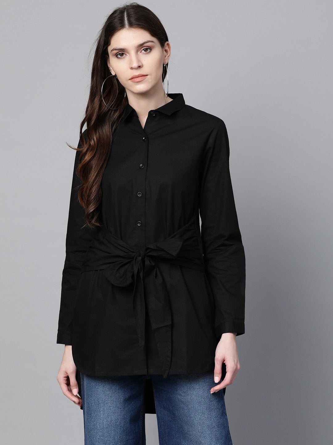Women's Black Front Tie Longline Shirt