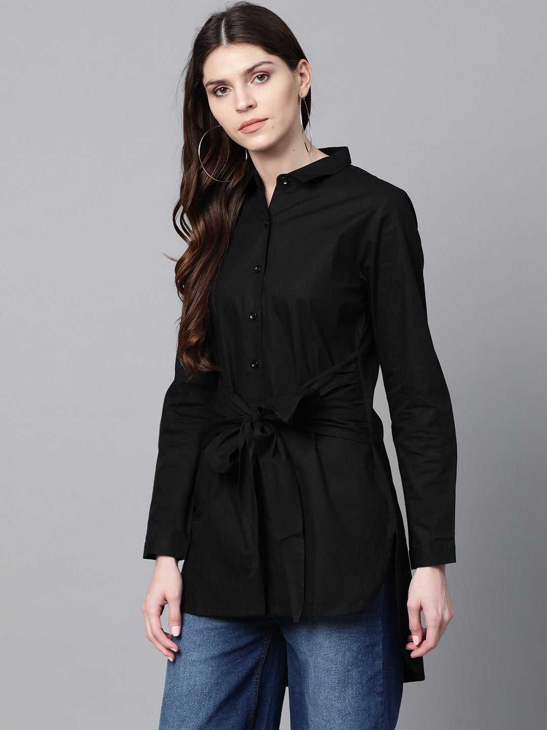 Women's Black Front Tie Longline Shirt