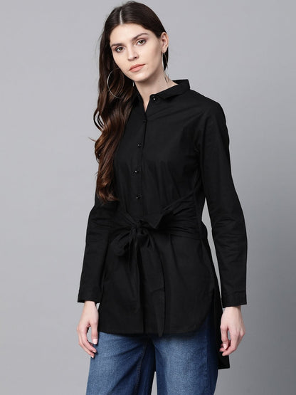 Women's Black Front Tie Longline Shirt
