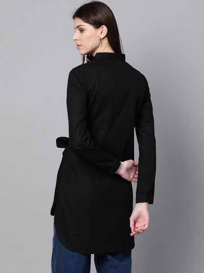 Women's Black Front Tie Longline Shirt