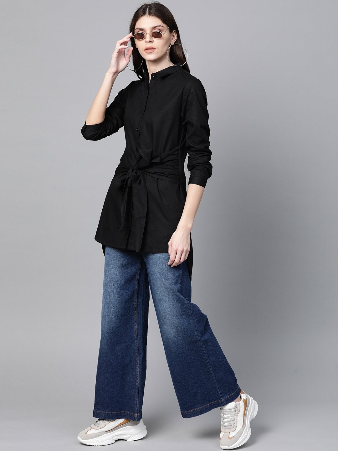 Women's Black Front Tie Longline Shirt