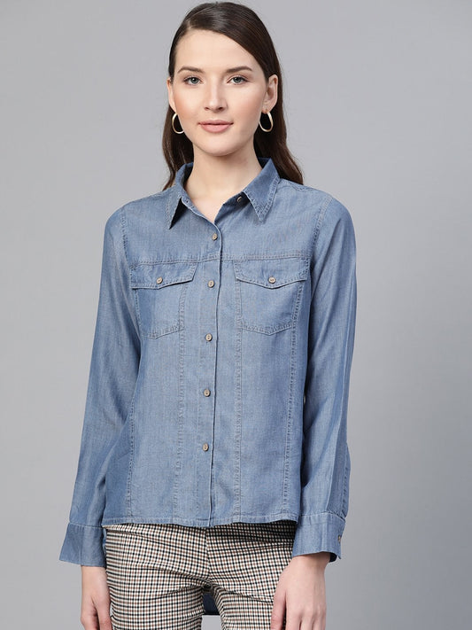 Women's Blue High Low Denim Shirt