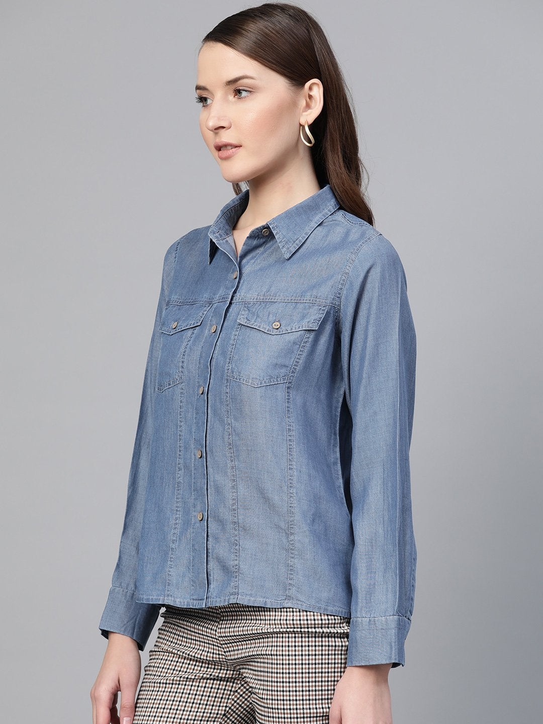 Women's Blue High Low Denim Shirt