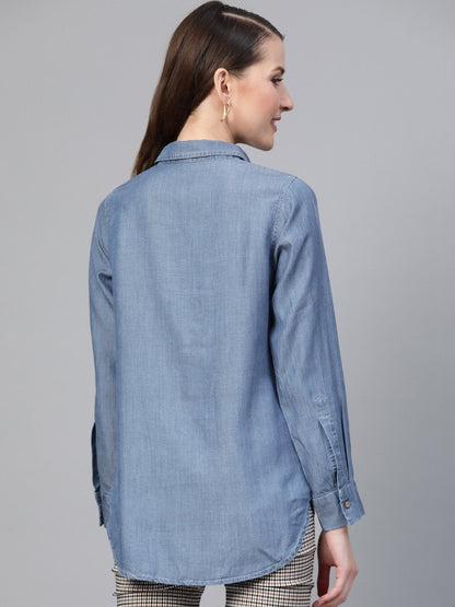 Women's Blue High Low Denim Shirt