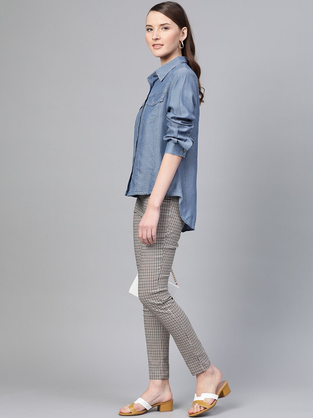 Women's Blue High Low Denim Shirt