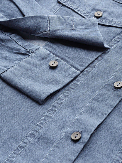 Women's Blue High Low Denim Shirt
