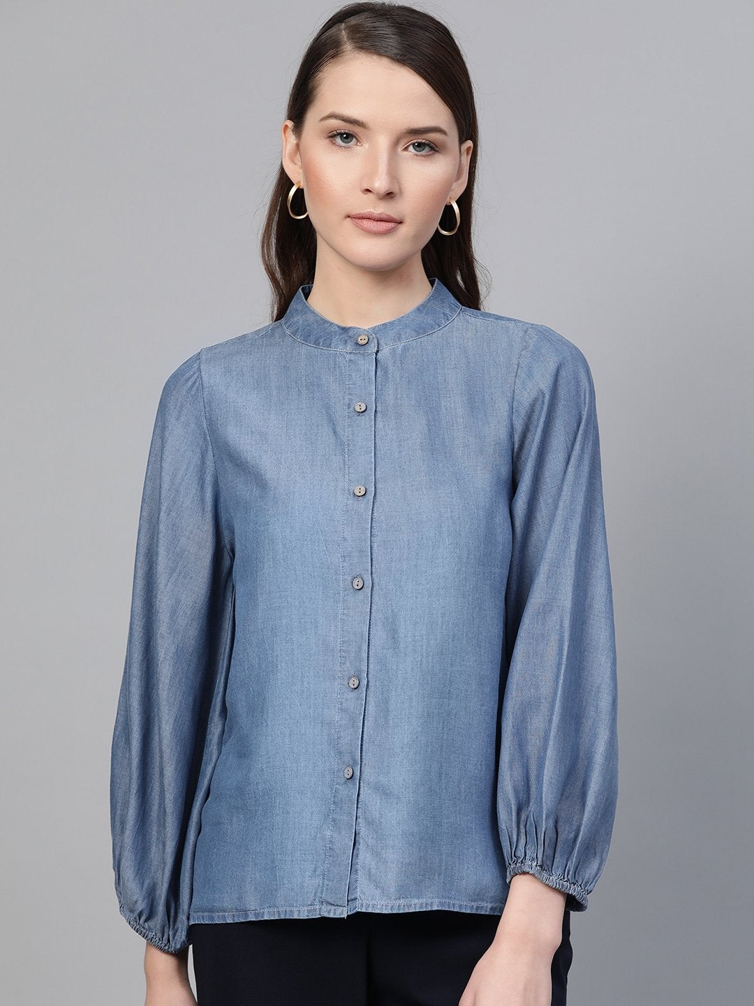 Women's Blue Gather Sleeve Denim Shirt