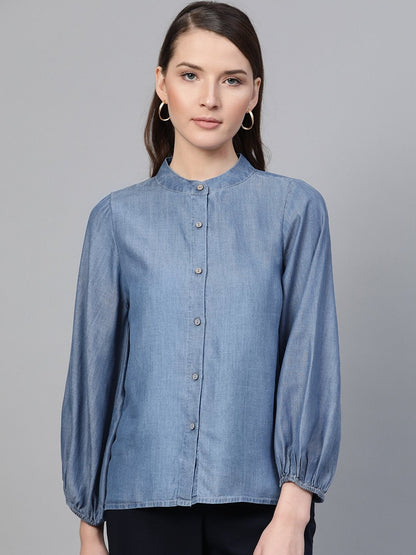Women's Blue Gather Sleeve Denim Shirt