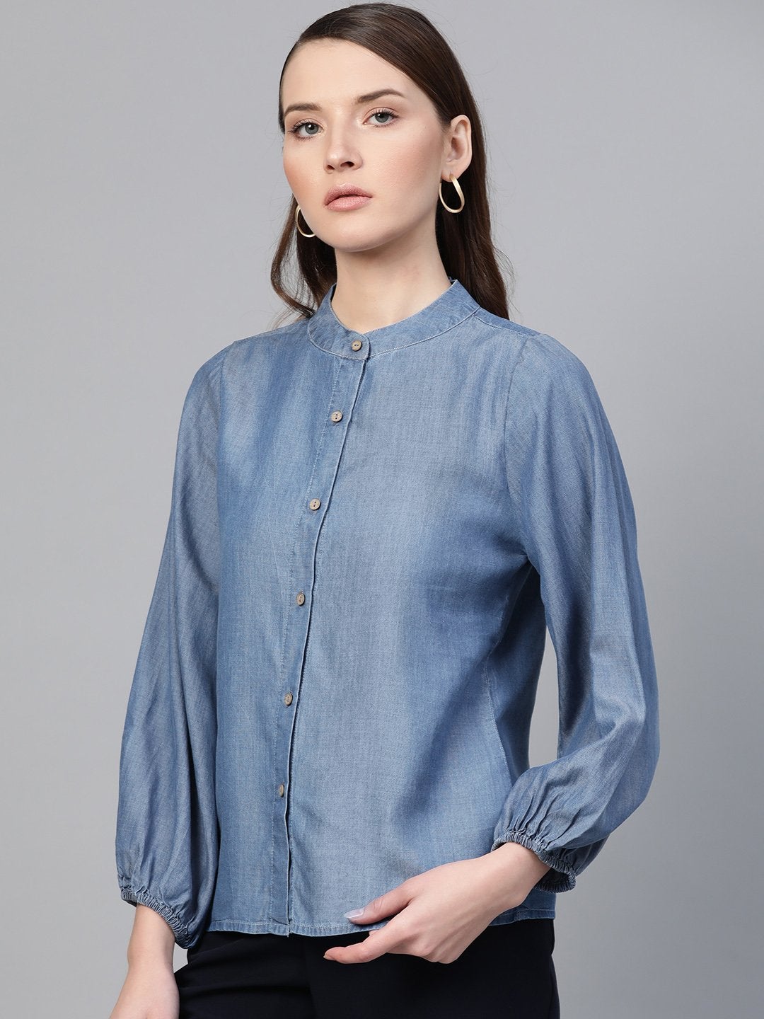 Women's Blue Gather Sleeve Denim Shirt