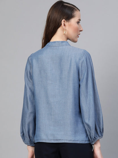 Women's Blue Gather Sleeve Denim Shirt