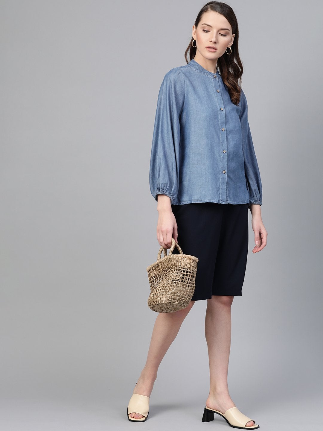 Women's Blue Gather Sleeve Denim Shirt