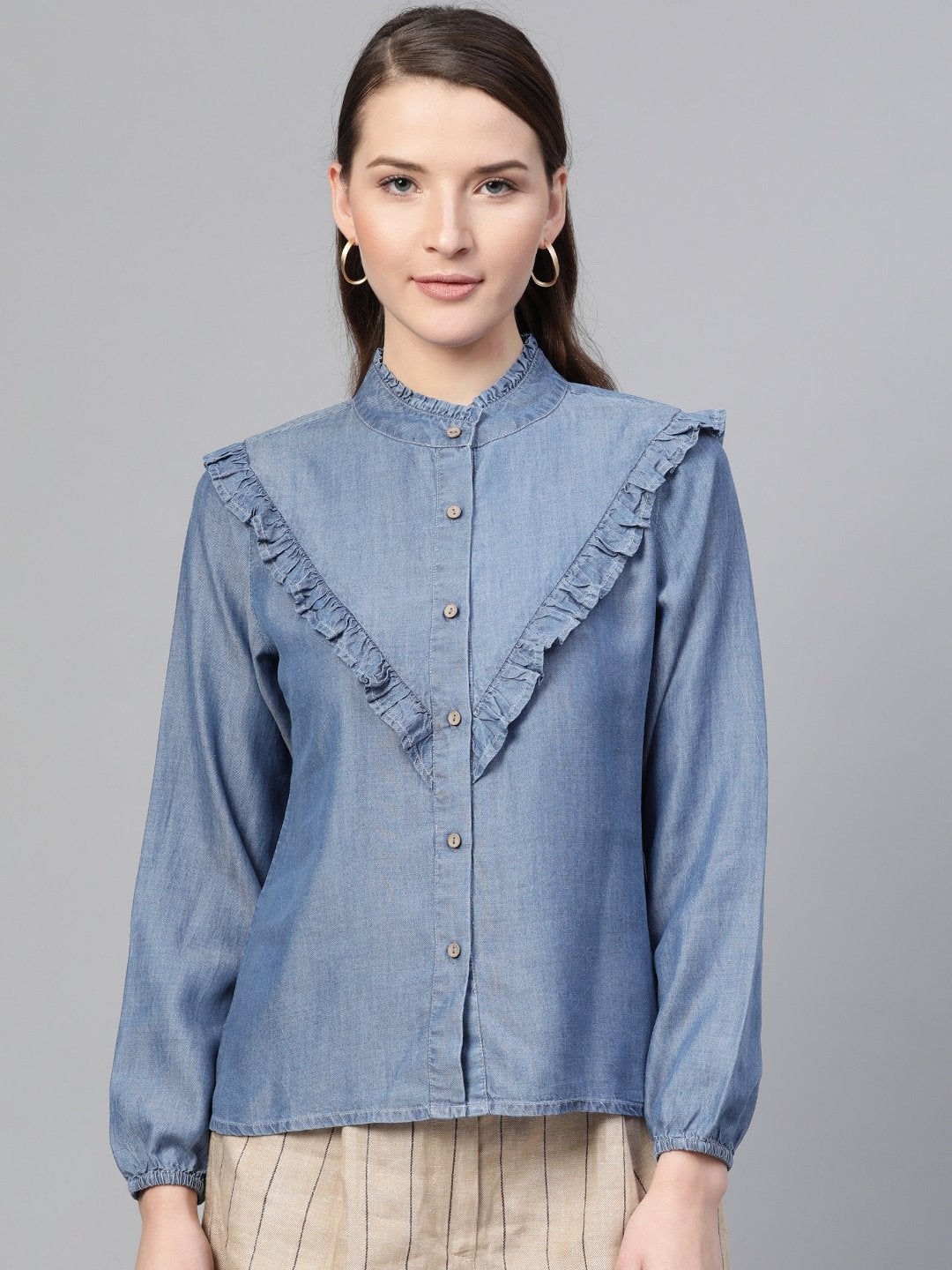 Women's Blue Front Frilly Denim Shirt