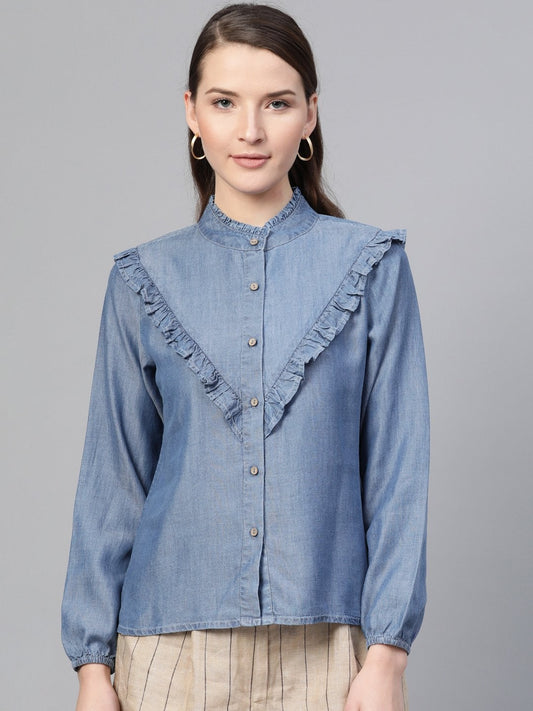 Women's Blue Front Frilly Denim Shirt