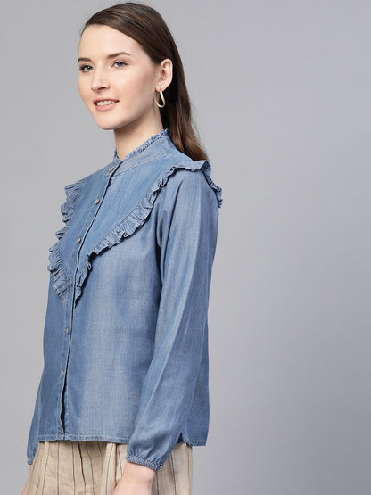 Women's Blue Front Frilly Denim Shirt