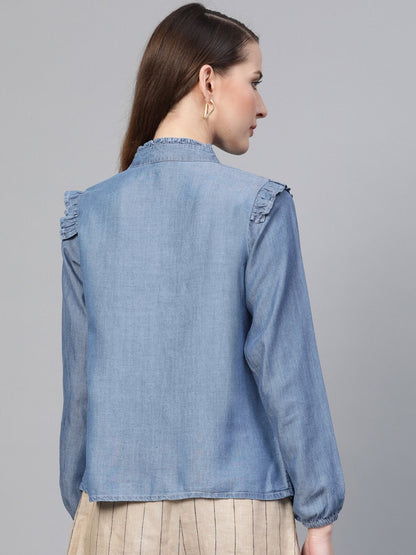 Women's Blue Front Frilly Denim Shirt
