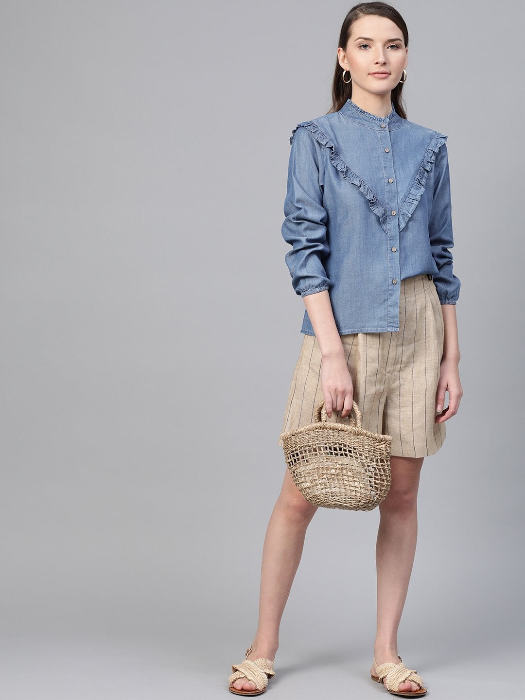 Women's Blue Front Frilly Denim Shirt