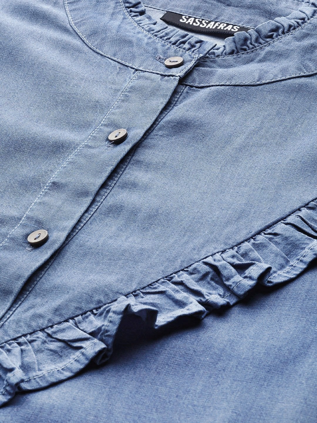 Women's Blue Front Frilly Denim Shirt