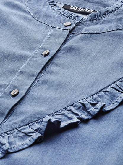 Women's Blue Front Frilly Denim Shirt