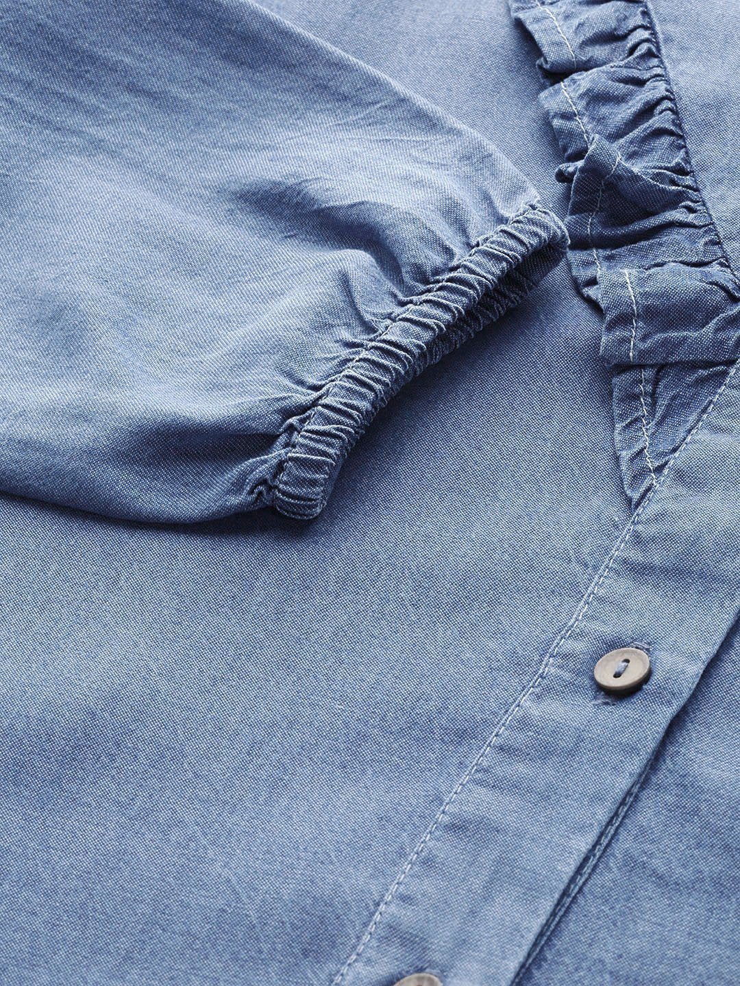 Women's Blue Front Frilly Denim Shirt
