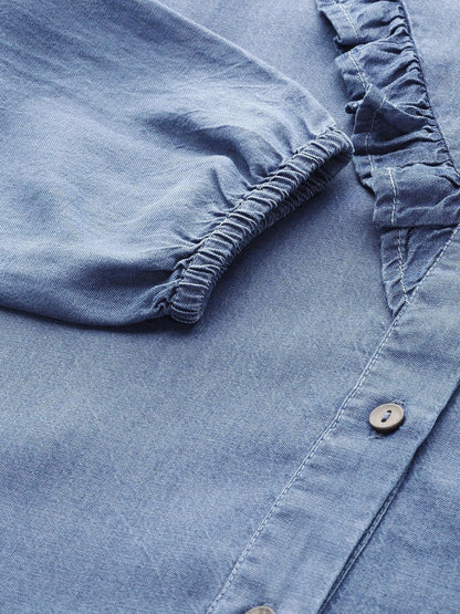 Women's Blue Front Frilly Denim Shirt