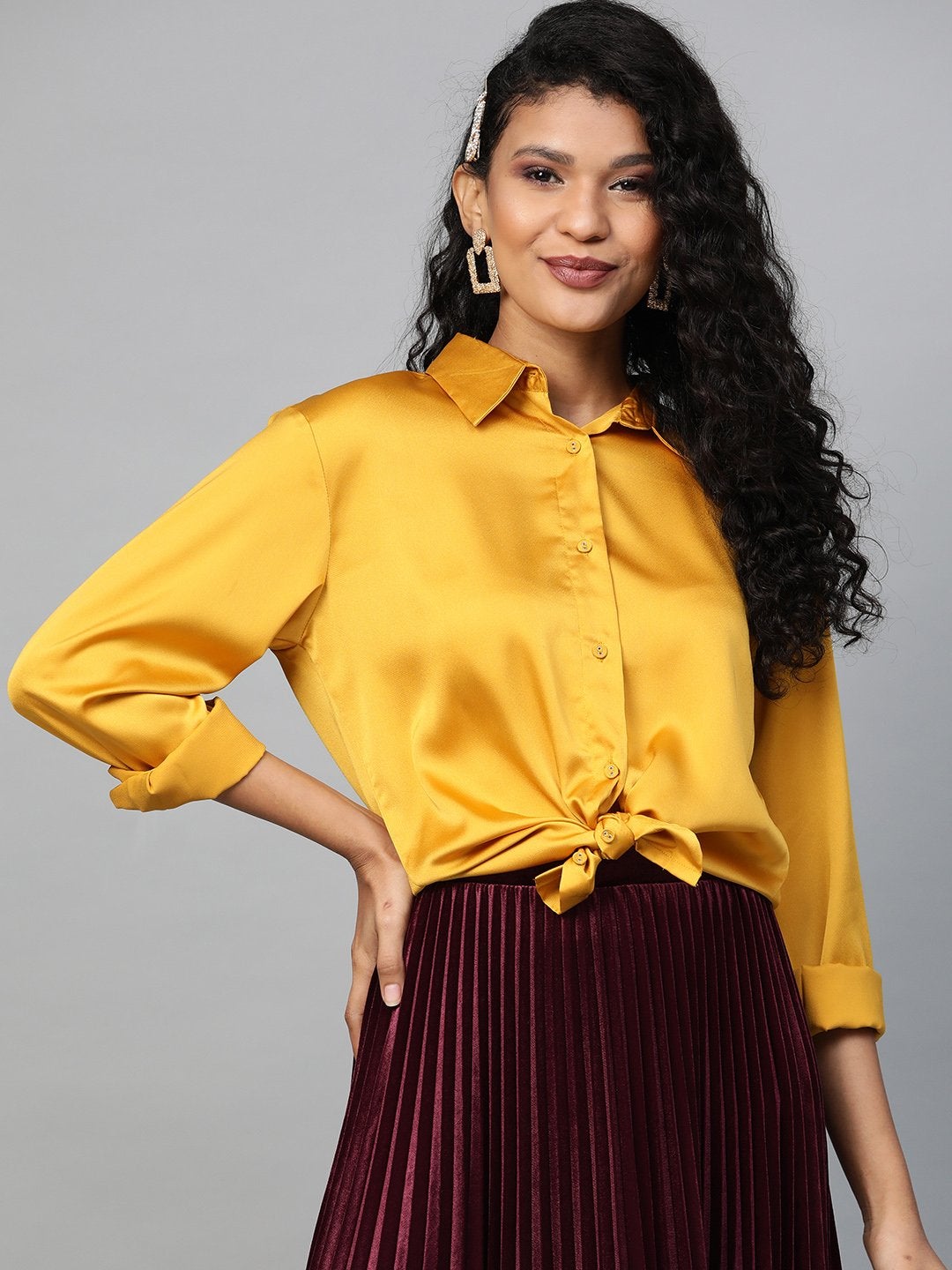 Women's Mustard High Low Satin Shirt