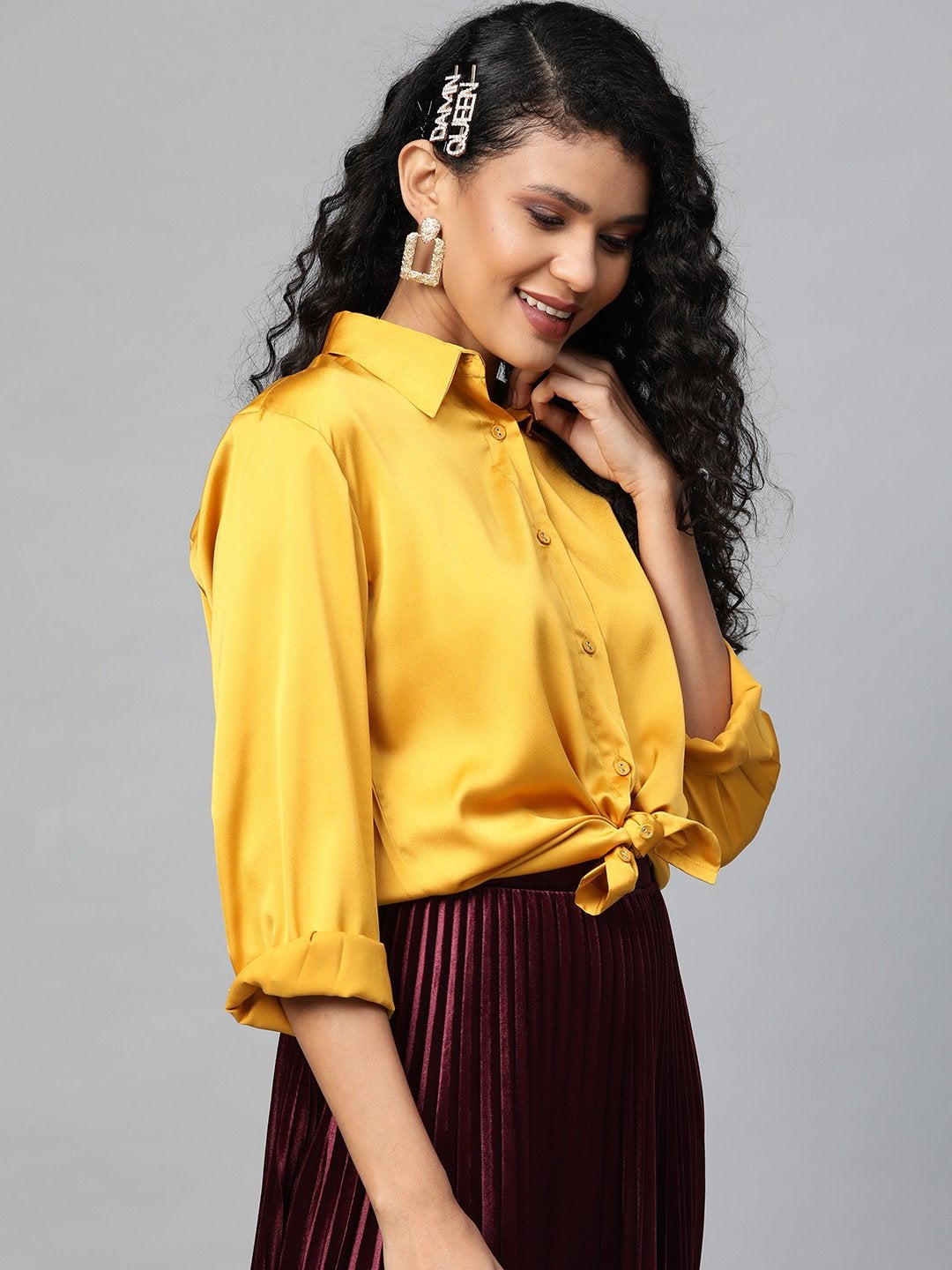 Women's Mustard High Low Satin Shirt