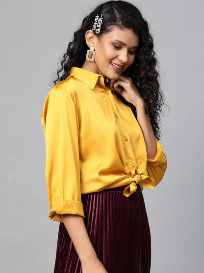 Women's Mustard High Low Satin Shirt