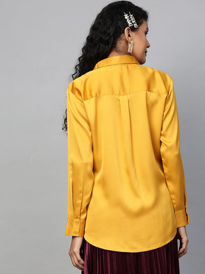 Women's Mustard High Low Satin Shirt