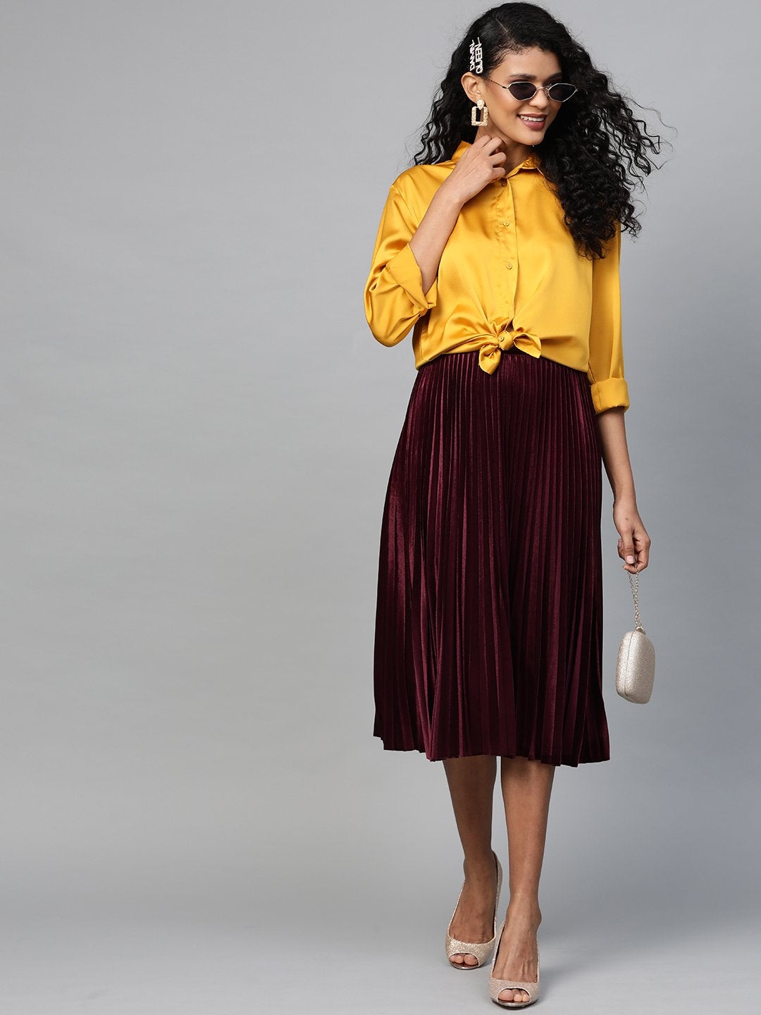Women's Mustard High Low Satin Shirt