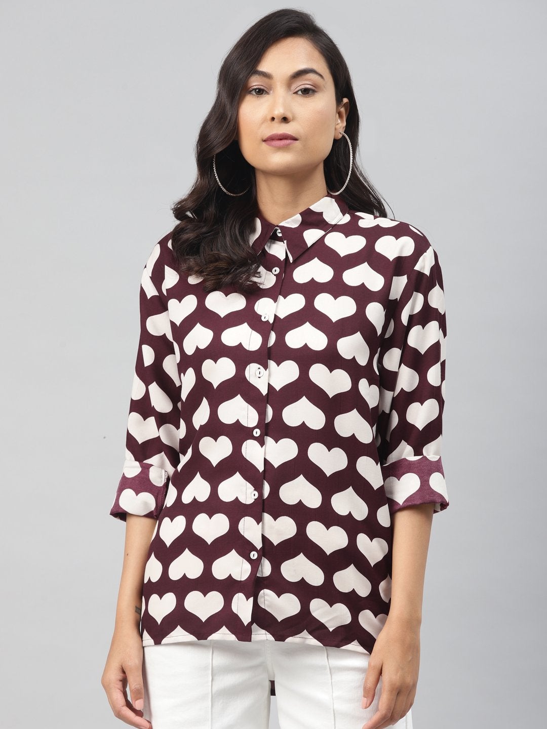 Women's Maroon Heart Print Shirt