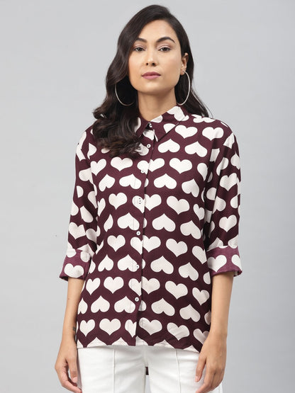 Women's Maroon Heart Print Shirt