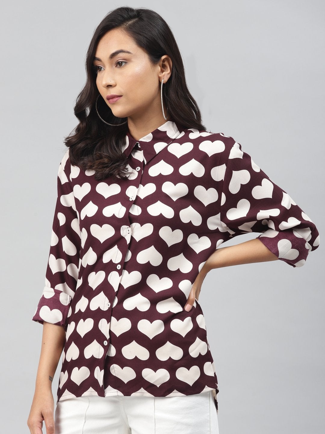 Women's Maroon Heart Print Shirt