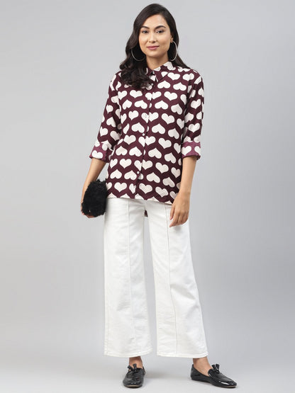 Women's Maroon Heart Print Shirt