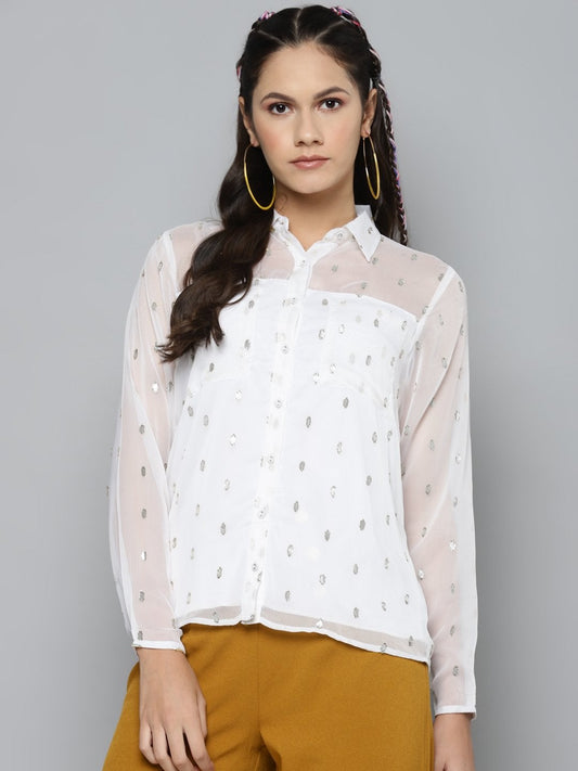 Women's White Lurex Sheer Shirt