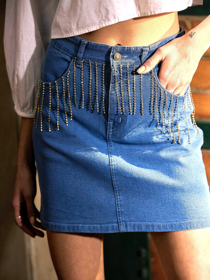 Women's Blue Denim Diamante at Pocket Mini Skirt