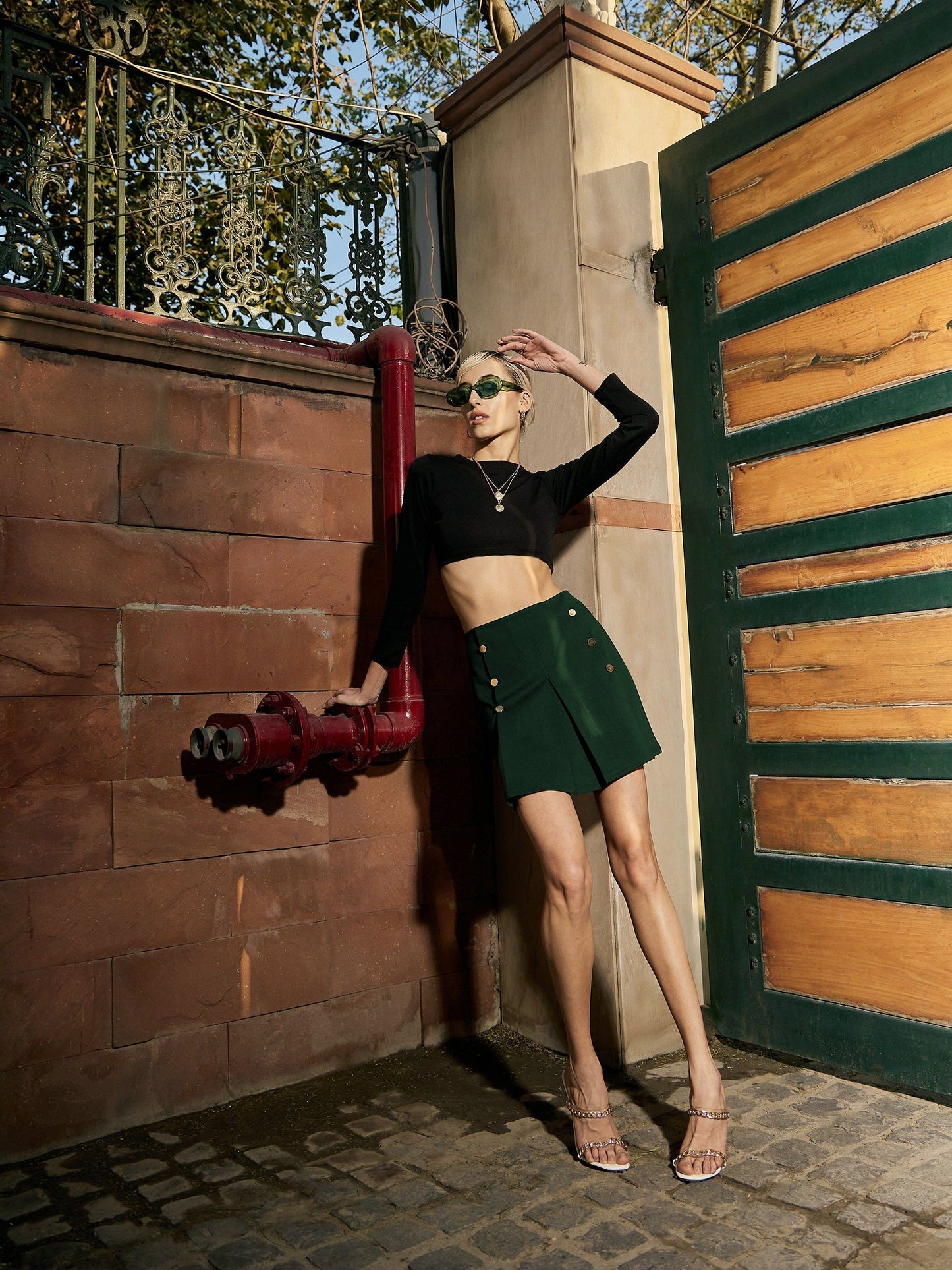 Women's Emerald Green Front Button Mini Skirt