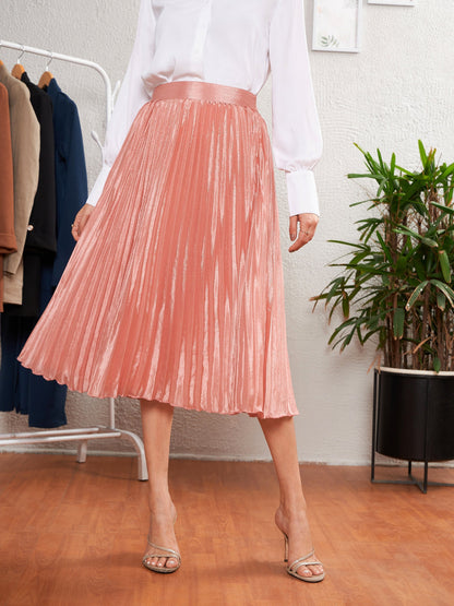 Women's Pink Accordion Pleated Flared Midi Skirt