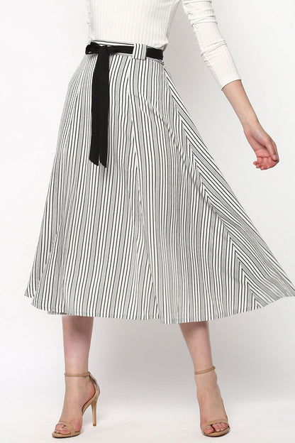 Women's Striped Printed Flared Belted Midi Skirt