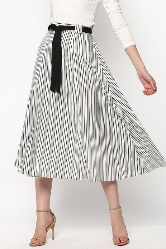 Women's Striped Printed Flared Belted Midi Skirt