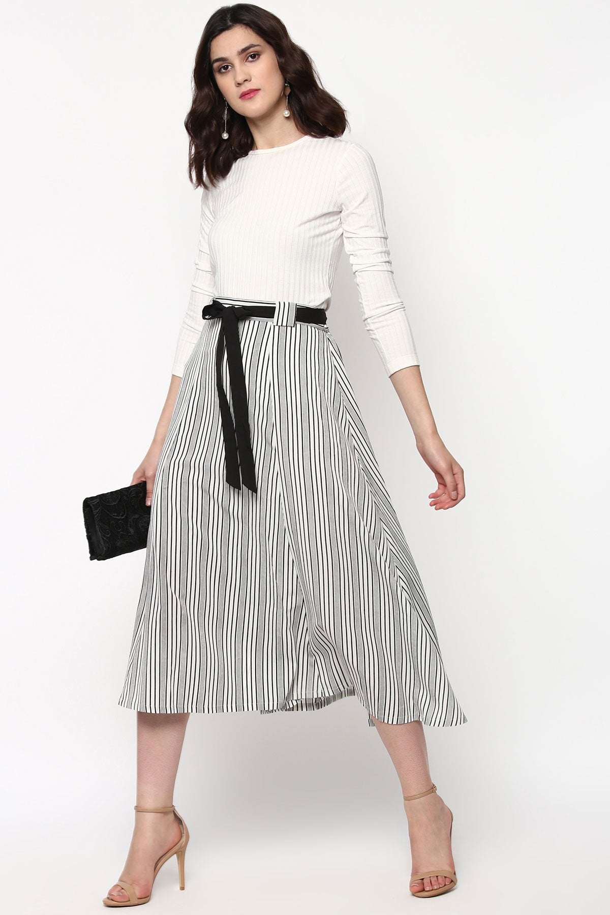 Women's Striped Printed Flared Belted Midi Skirt