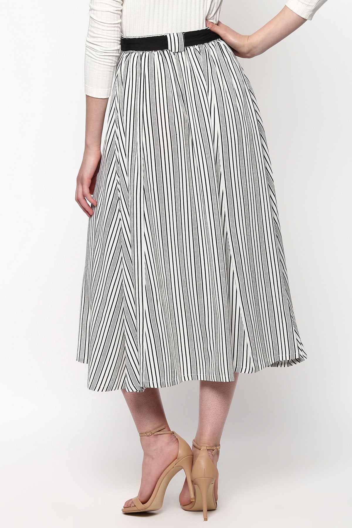 Women's Striped Printed Flared Belted Midi Skirt