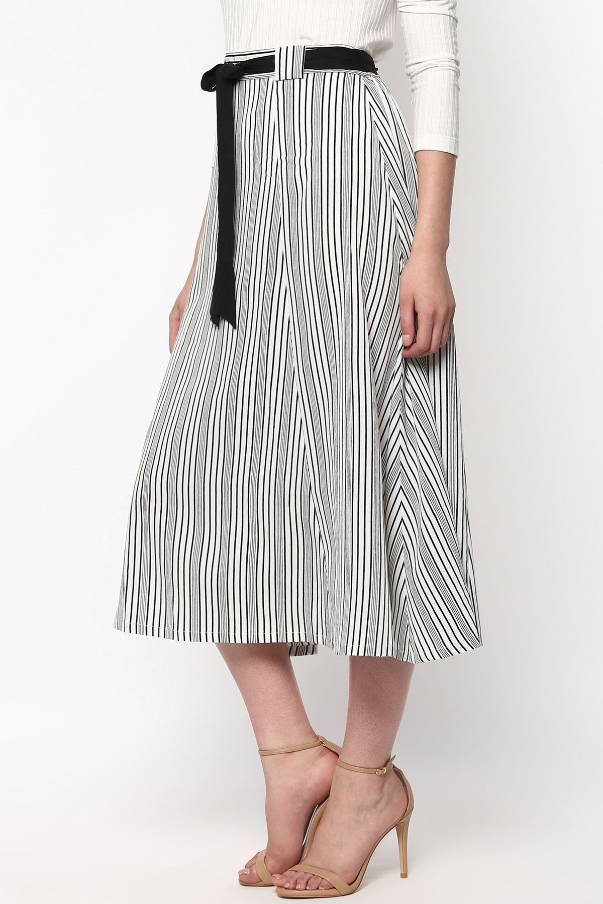 Women's Striped Printed Flared Belted Midi Skirt