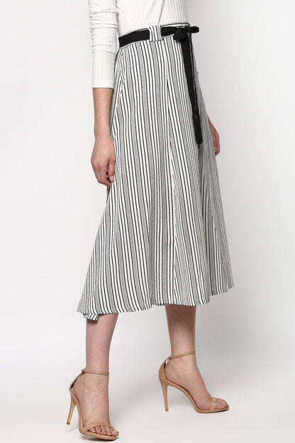 Women's Striped Printed Flared Belted Midi Skirt