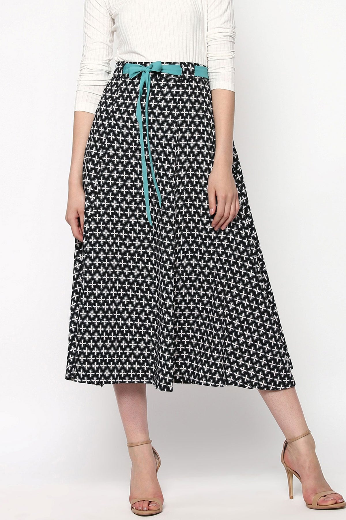 Women's Black Printed Flared Belted Midi Skirt