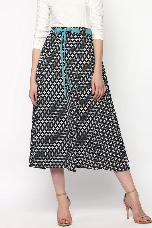 Women's Black Printed Flared Belted Midi Skirt