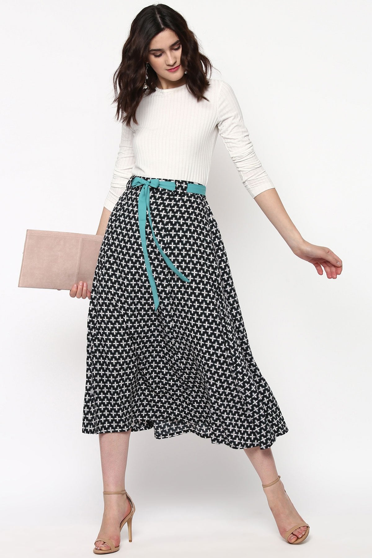 Women's Black Printed Flared Belted Midi Skirt